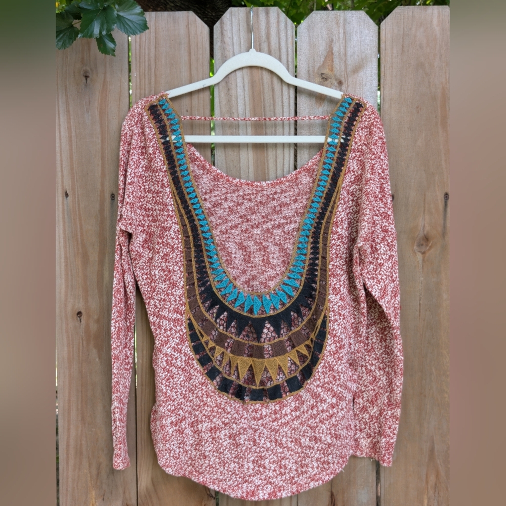 Vintage Havana Crochet Scoop Back Long Sleeve Rust Red Shirt